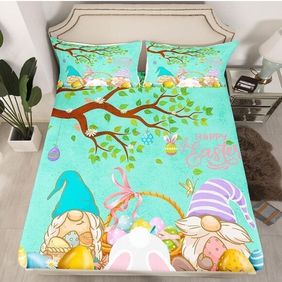 Easter Gnome Bedding Set - Blue and Green Twin Set Easter Day Bed Sheets - Picture 1 of 3
